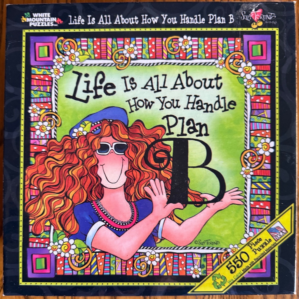 A whimsical illustration of a red-headed woman with sunglasses and a beret holding a large letter B.