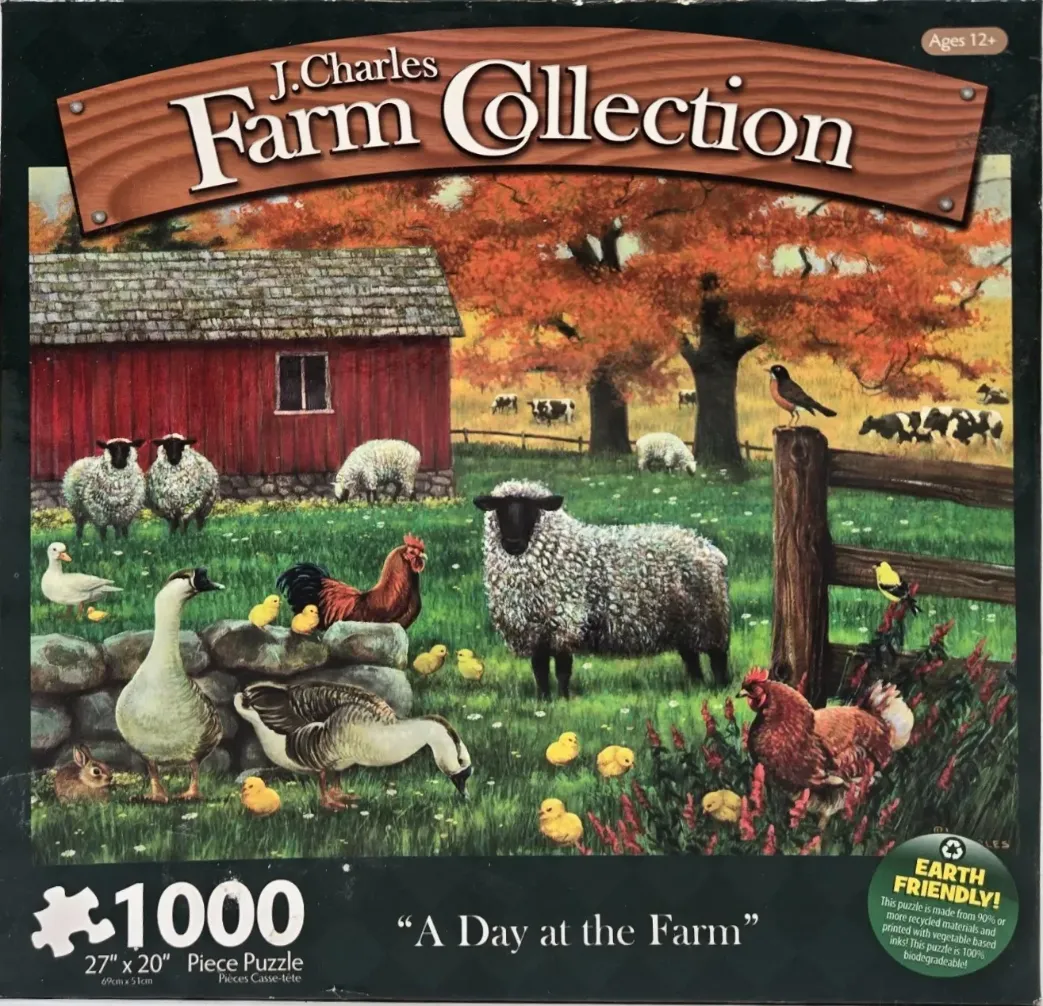 A peaceful farm scene with sheep, chickens, ducks, and a red barn during autumn.