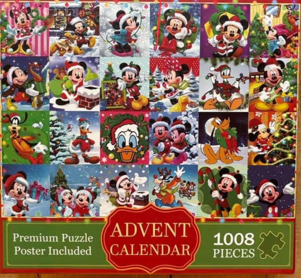 A collage of 24 Christmas-themed Disney character illustrations