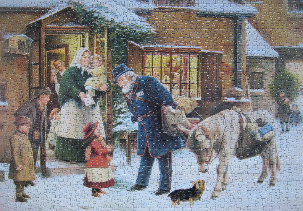 A Victorian postman delivers mail to a family in a snowy village scene.