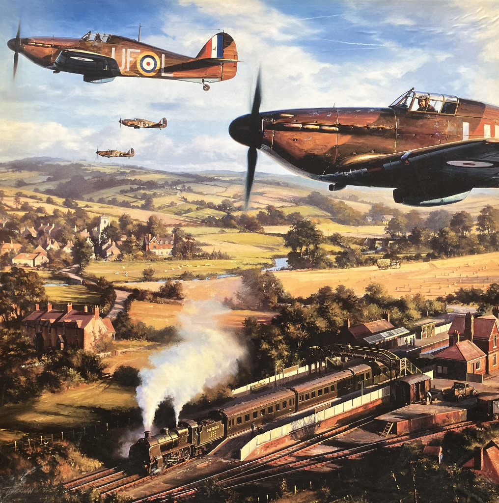 A dramatic oil painting of vintage fighter planes flying over a pastoral English landscape with a steam train at a station.