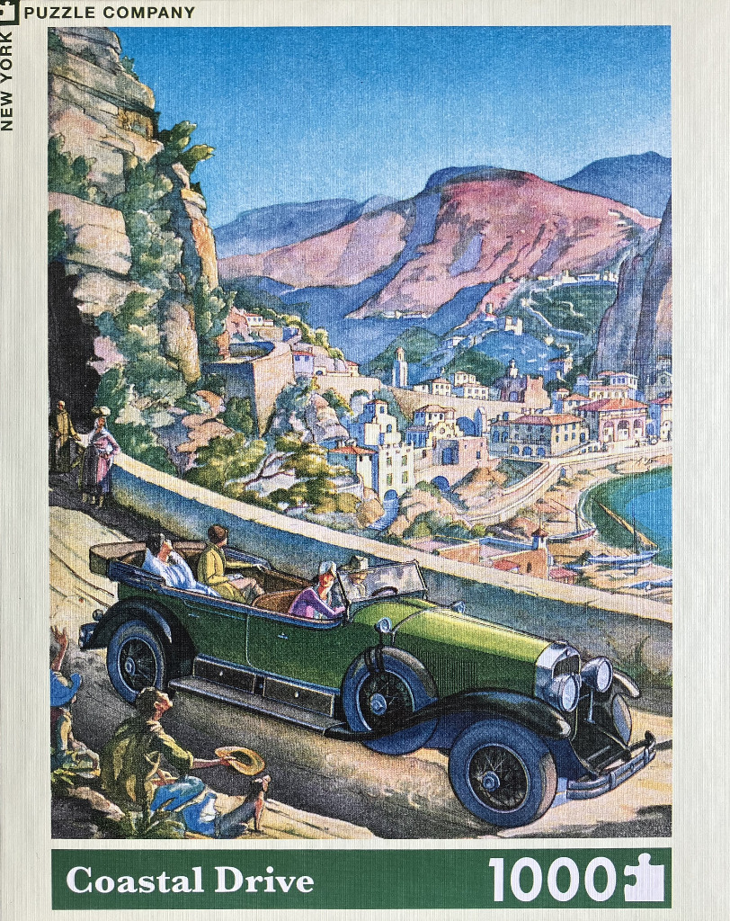 An illustration of a vintage green convertible driving along a sunny Mediterranean coastal road.