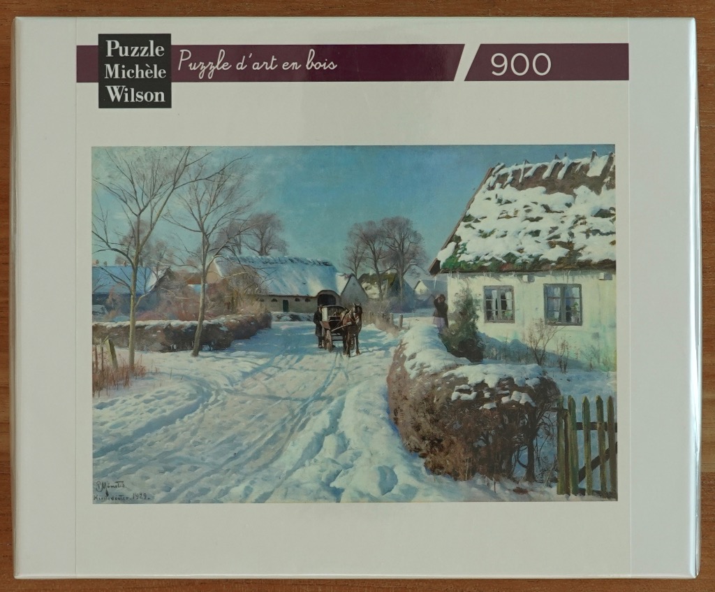 Oil painting of a snow-covered village scene with a horse-drawn carriage on a path