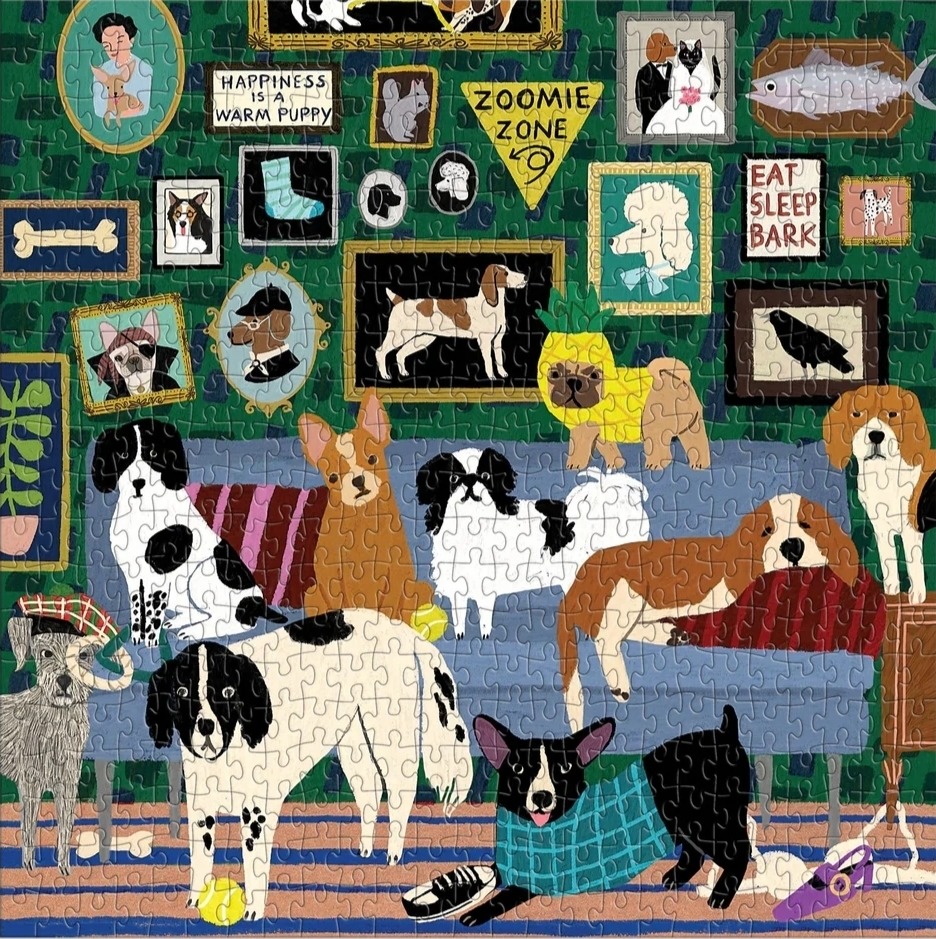 A whimsical illustration of many dogs in a cozy room, some sitting on a sofa and others on a striped floor.