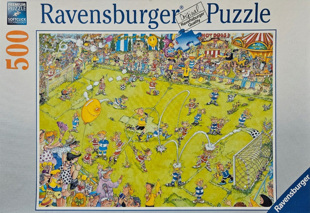 Cartoon illustration of a chaotic, humorous youth soccer match on a bright green field.