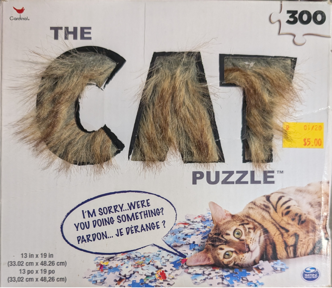 A graphic featuring the word CAT in large, faux-fur-covered letters, with a brown tabby cat looking at a pile of pieces.