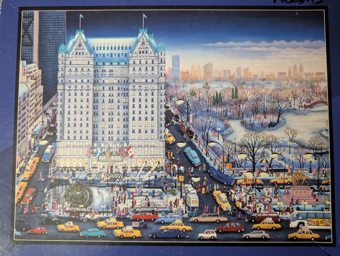A detailed illustration of The Plaza Hotel in New York City during a winter evening in Central Park.