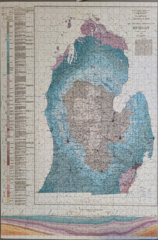 A vintage geological map of the southern peninsula of Michigan featuring colour-coded rock formations.