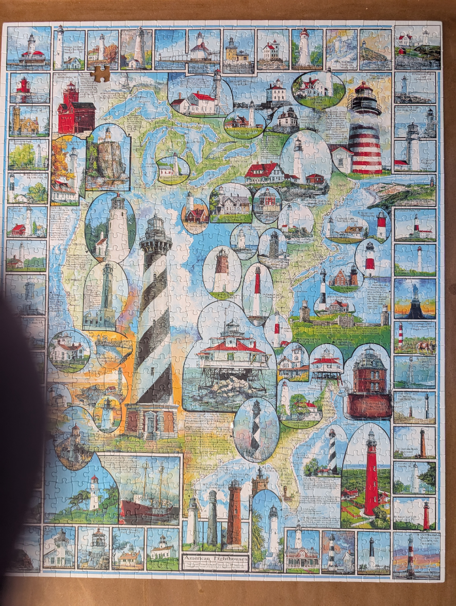 A collage map of North America featuring various illustrations of historic lighthouses.
