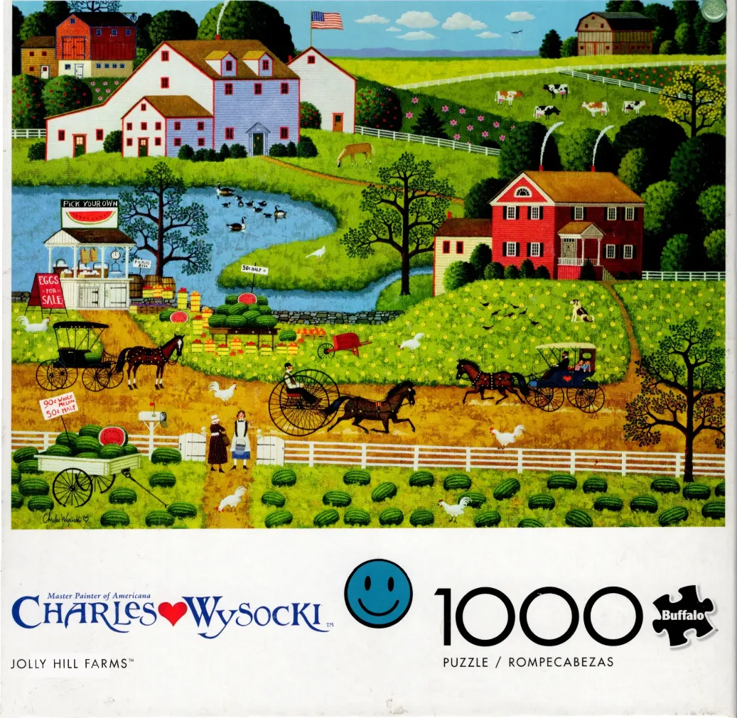 Folk art painting of a bustling farm scene with watermelon stands, horse-drawn carriages, and farmhouses.