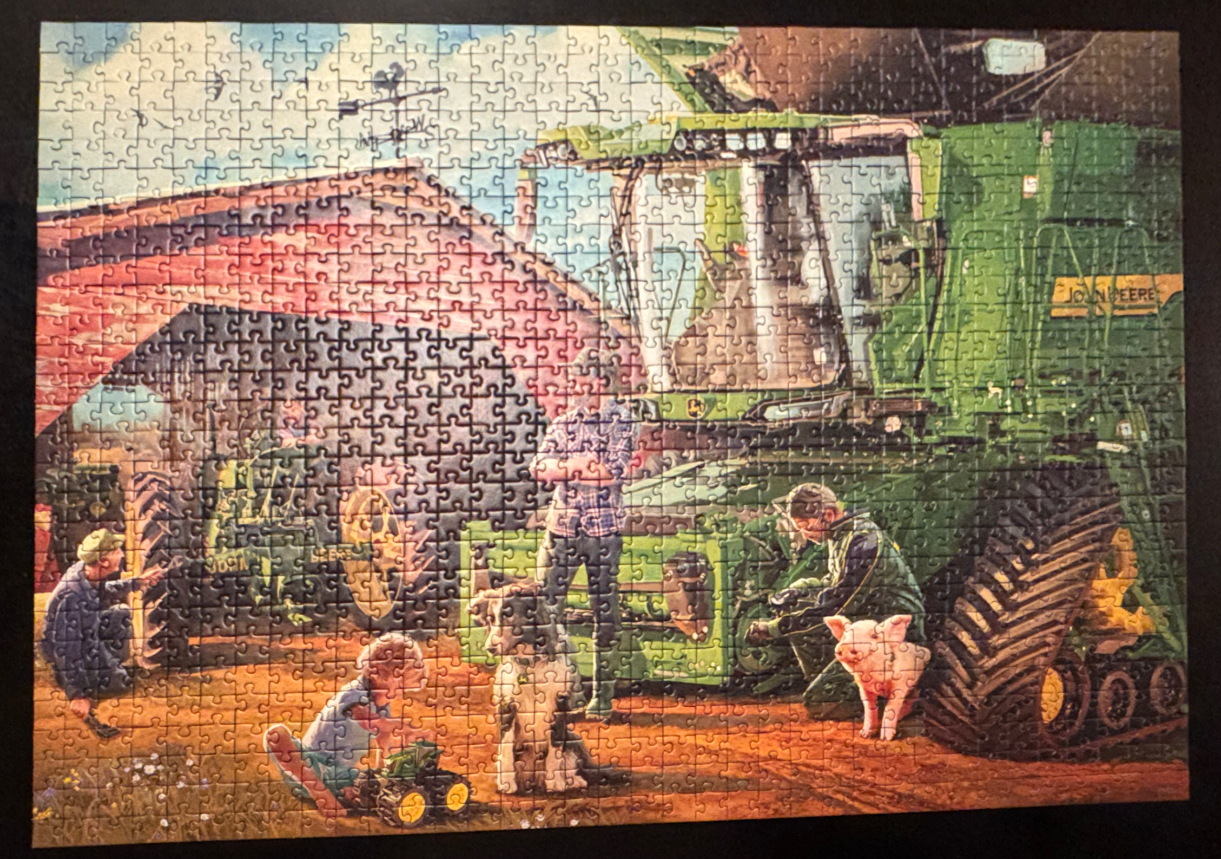 A rural farm scene with a large green harvester, a family, and a small pig.