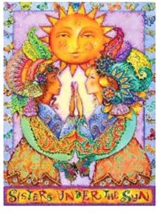 Two women with ornate, colorful headpieces touching hands beneath a large, smiling golden sun.