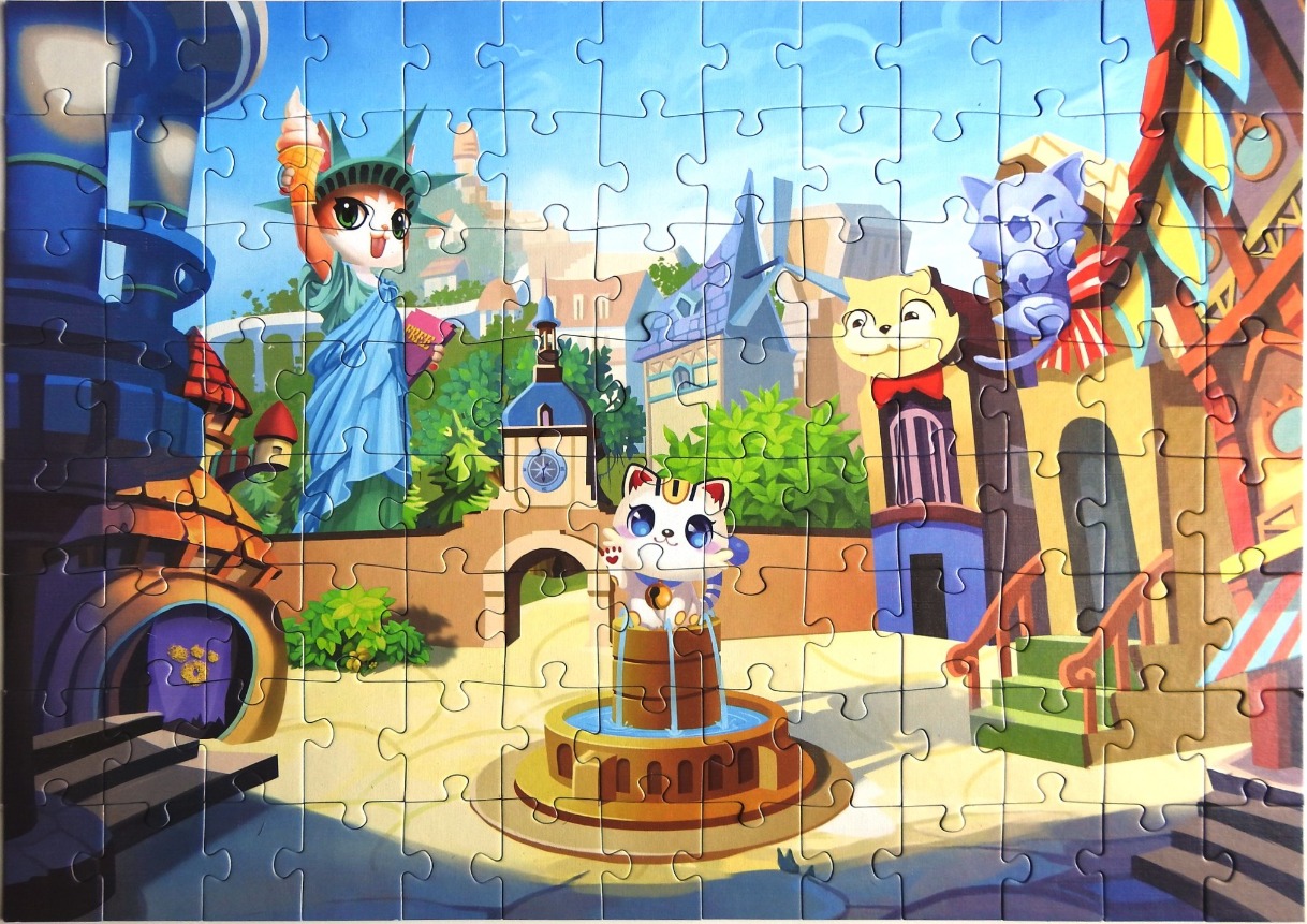 Cartoon cat-themed city scene with a feline Statue of Liberty and a fountain.