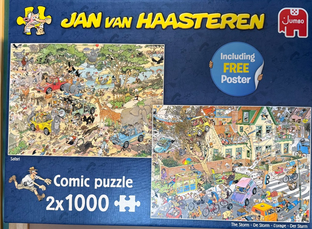 Two chaotic cartoon scenes featuring a safari landscape and a stormy neighborhood street.