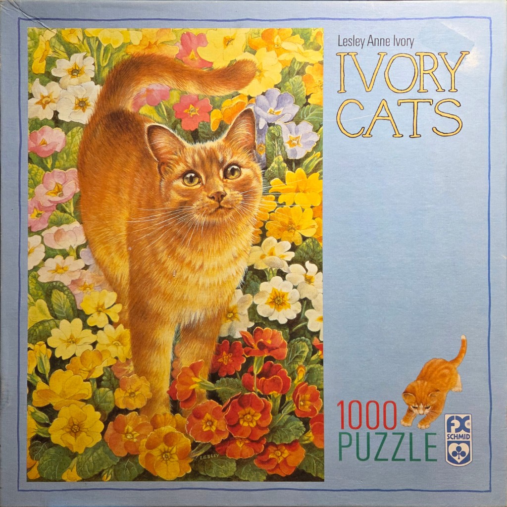 An orange tabby cat standing in a garden of colorful primroses, with text on the right side.