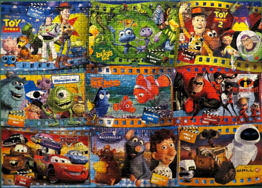 A montage of iconic Pixar movie characters organized in a film strip layout.
