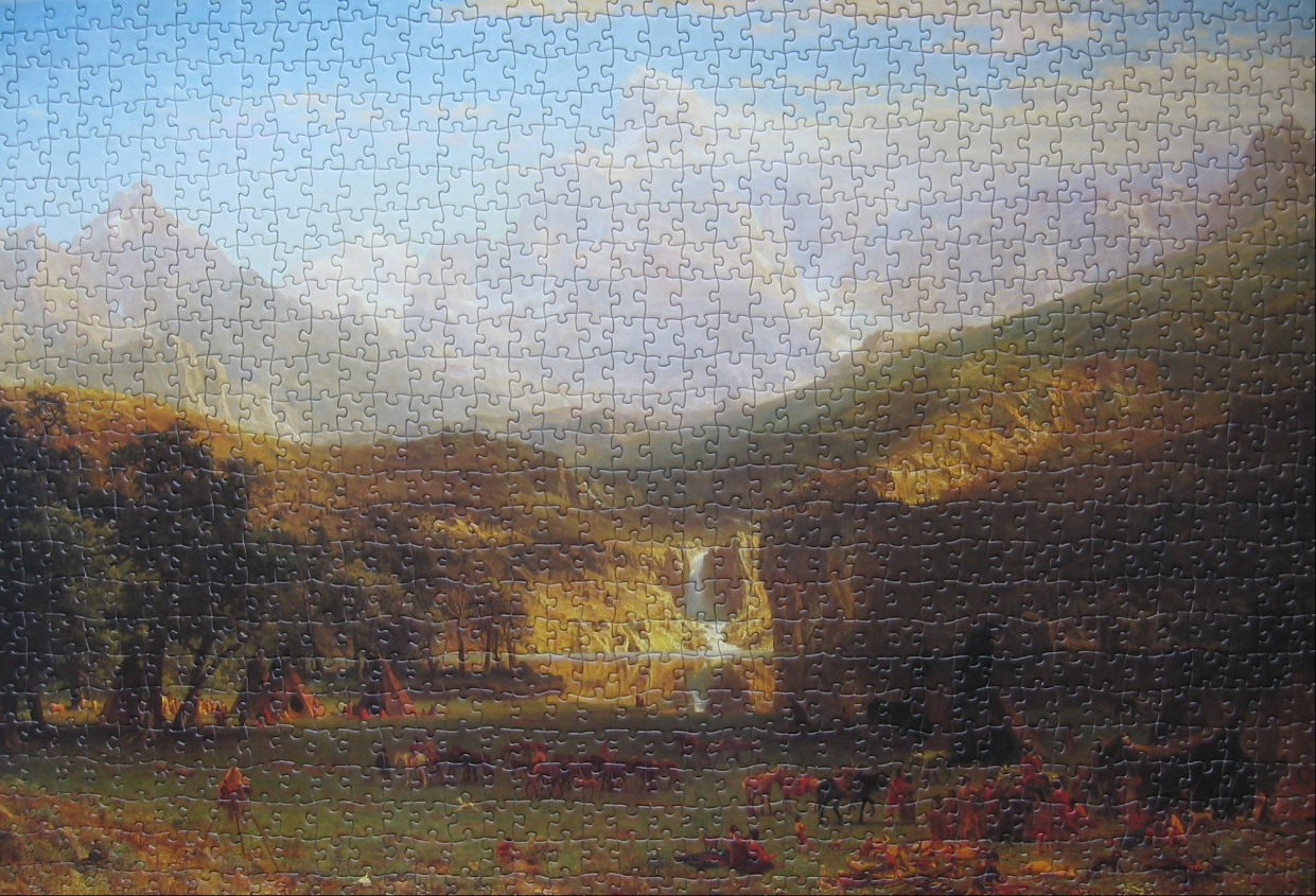 A romantic landscape painting featuring a Native American encampment in a mountain valley with a waterfall in the distance.