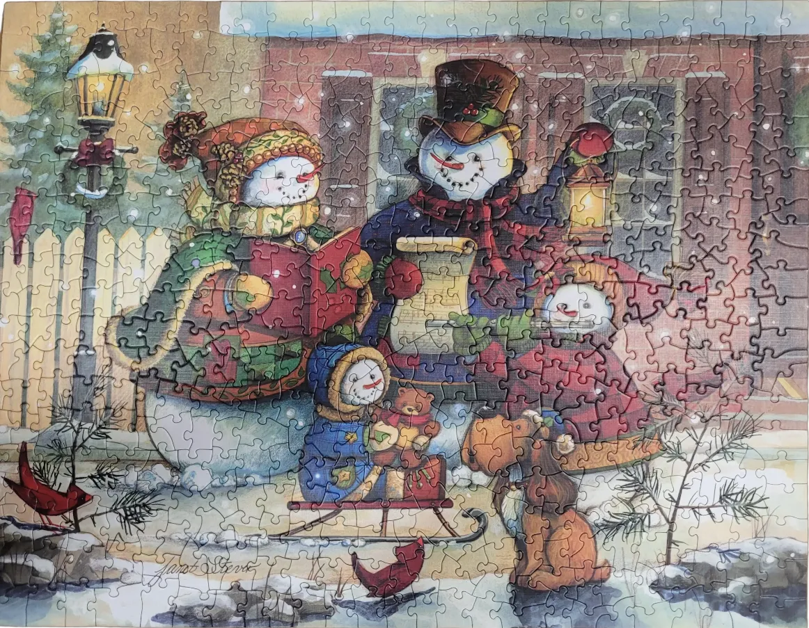 A whimsical illustration of a family of snowmen singing Christmas carols in front of a brick building.