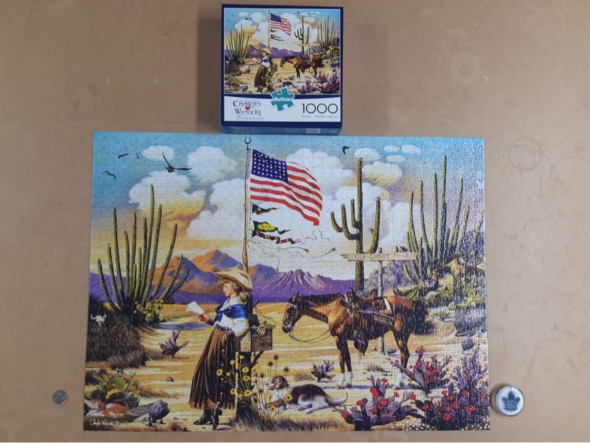 A nostalgic painting of a woman with a horse and dog in an American Southwest desert landscape.