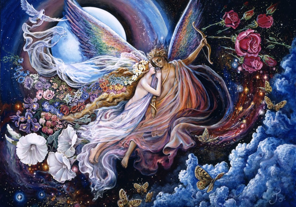 A romantic illustration of a winged couple embracing against a night sky with a full moon, flowers, and butterflies.
