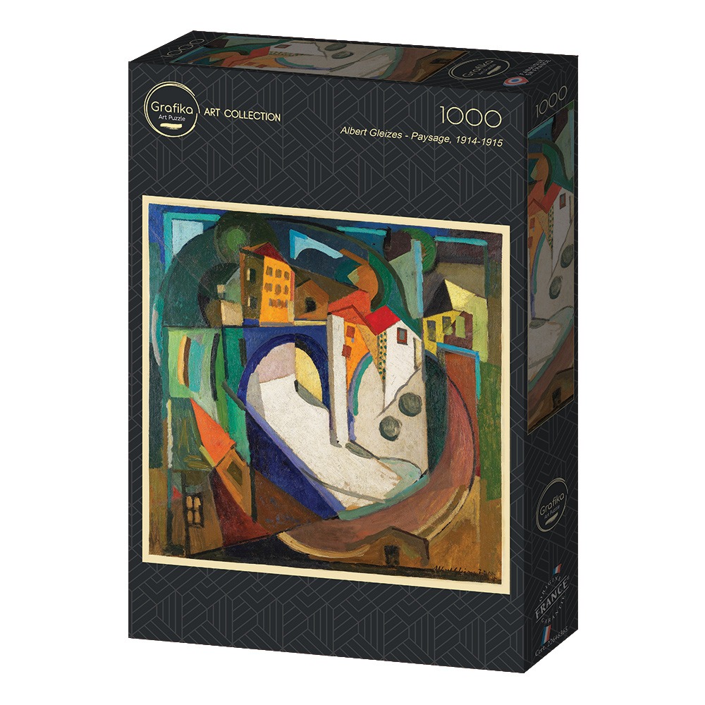 Cubist painting of a townscape with a central bridge and warm and cool geometric shapes by Albert Gleizes.
