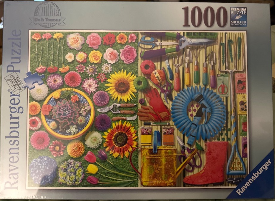 A split composition featuring a collection of garden flowers on the left and a wall of hanging gardening tools on the right.