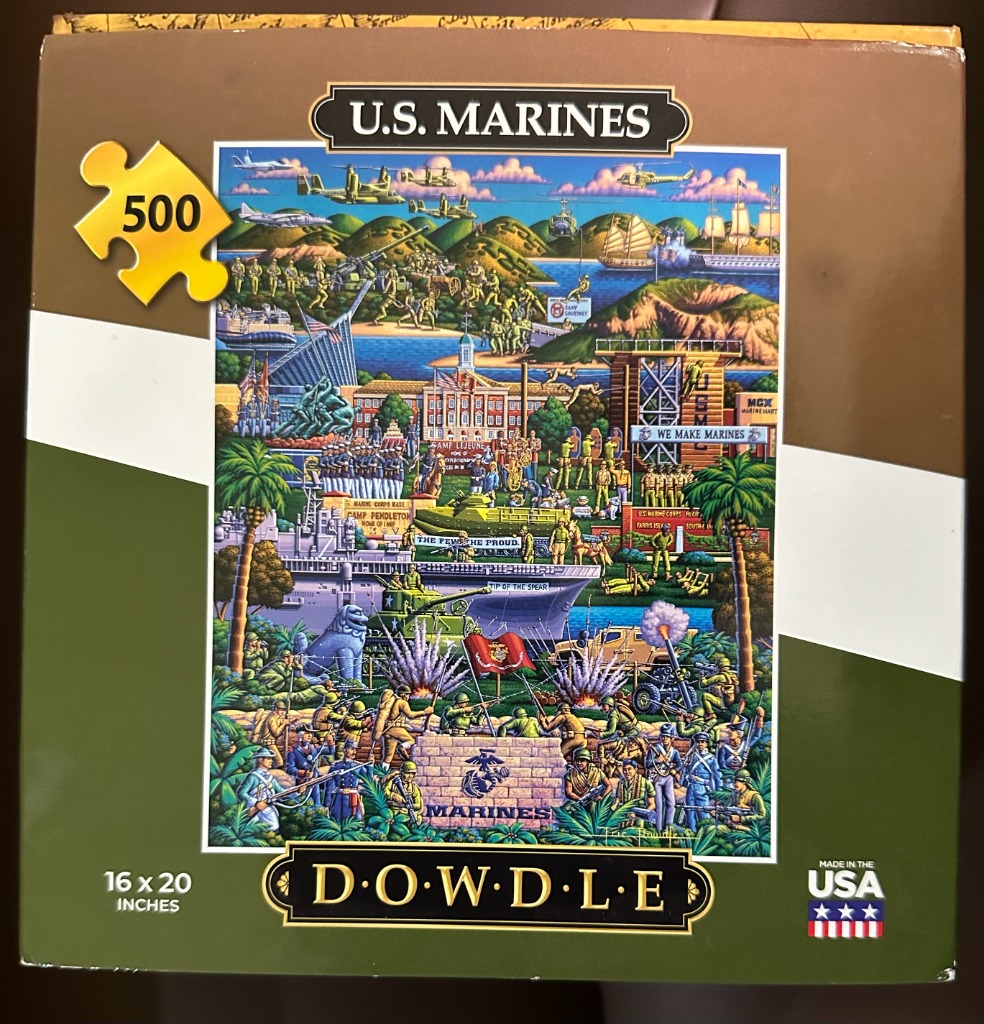 A collage-style folk art illustration showing the history and training of the U.S. Marines.
