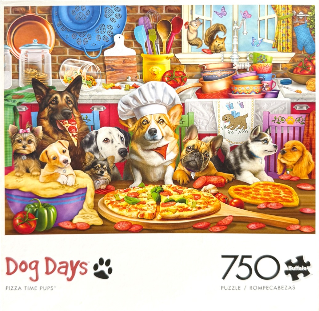 A kitchen scene filled with various dog breeds preparing and eating pizza.