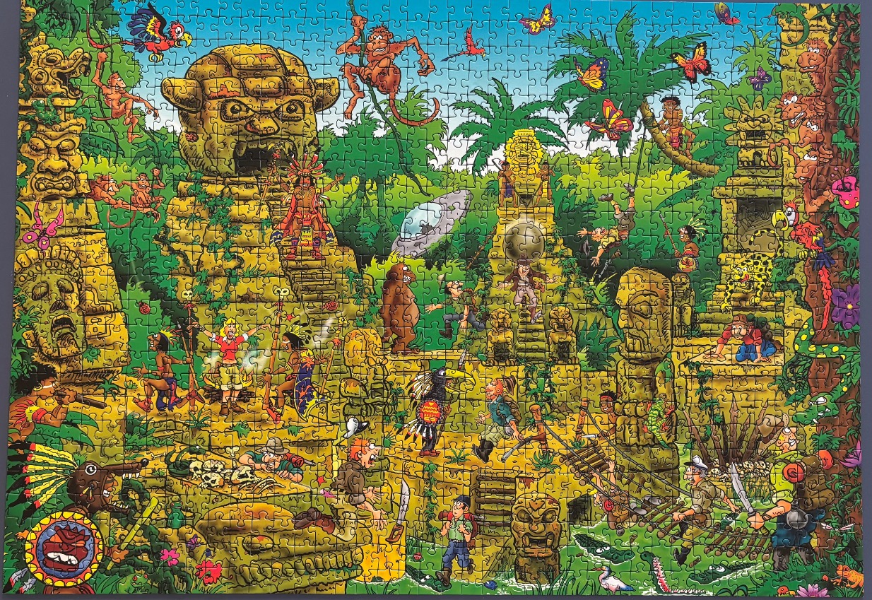 A cartoon illustration of explorers in a dense jungle with ancient stone ruins, monkeys, and a hidden UFO.