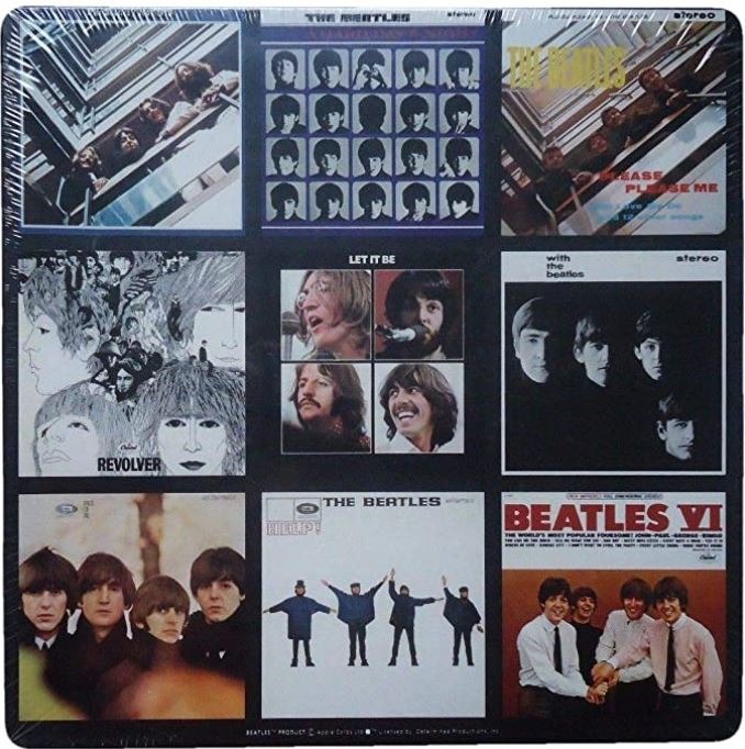 A grid of nine iconic album covers featuring members of The Beatles in various styles.