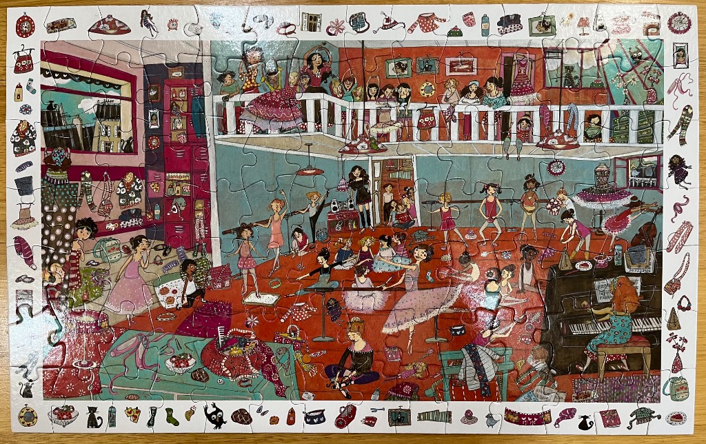 A whimsical illustration of a busy ballet studio filled with young dancers and a pianist.