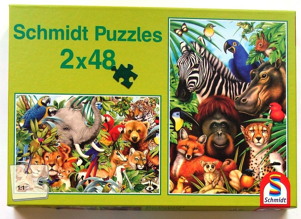 Two vibrant, detailed illustrations of various wild animals set in lush jungle environments.