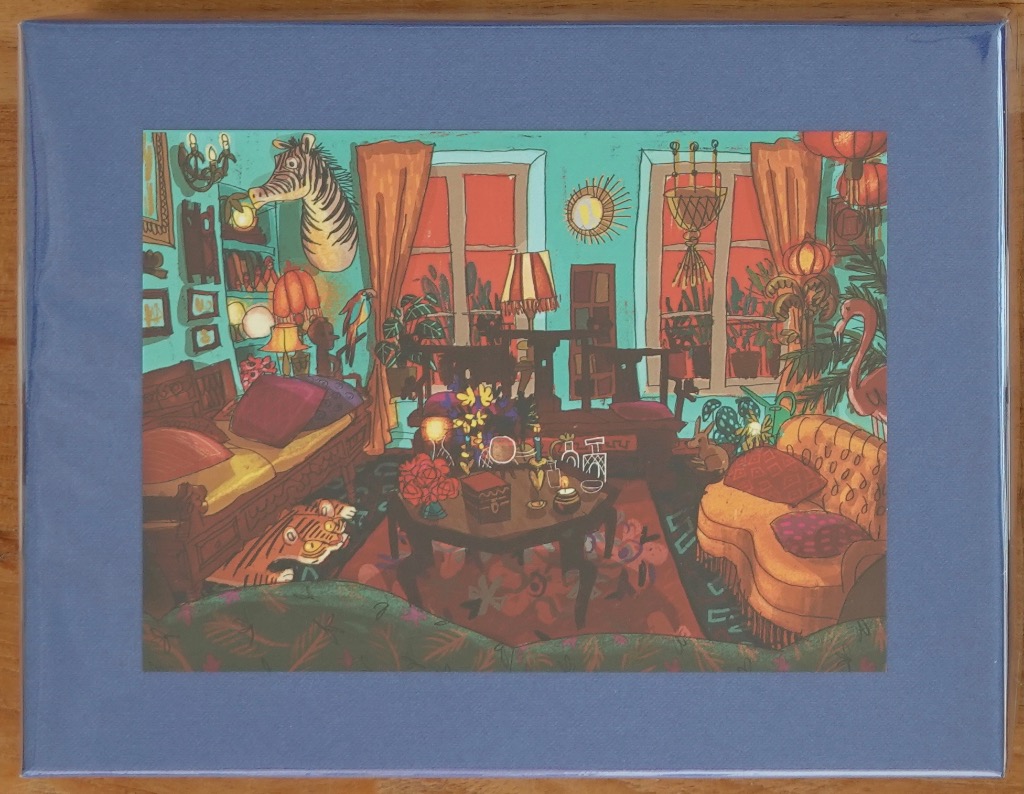 Whimsical illustration of a cluttered, cozy living room filled with plants, eclectic decor, and animals.
