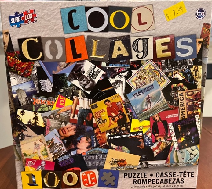 A collage of various classic rock and pop album covers layered on a white textured background.