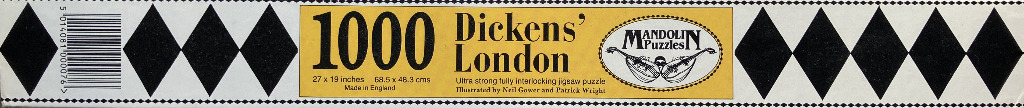 1000 piece Dickens' London puzzle, black diamonds, yellow text.