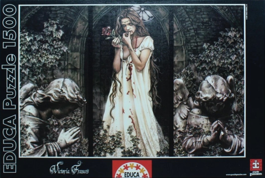 A gothic illustration of a woman in a white gown with bloodstains standing between two stone angel statues.