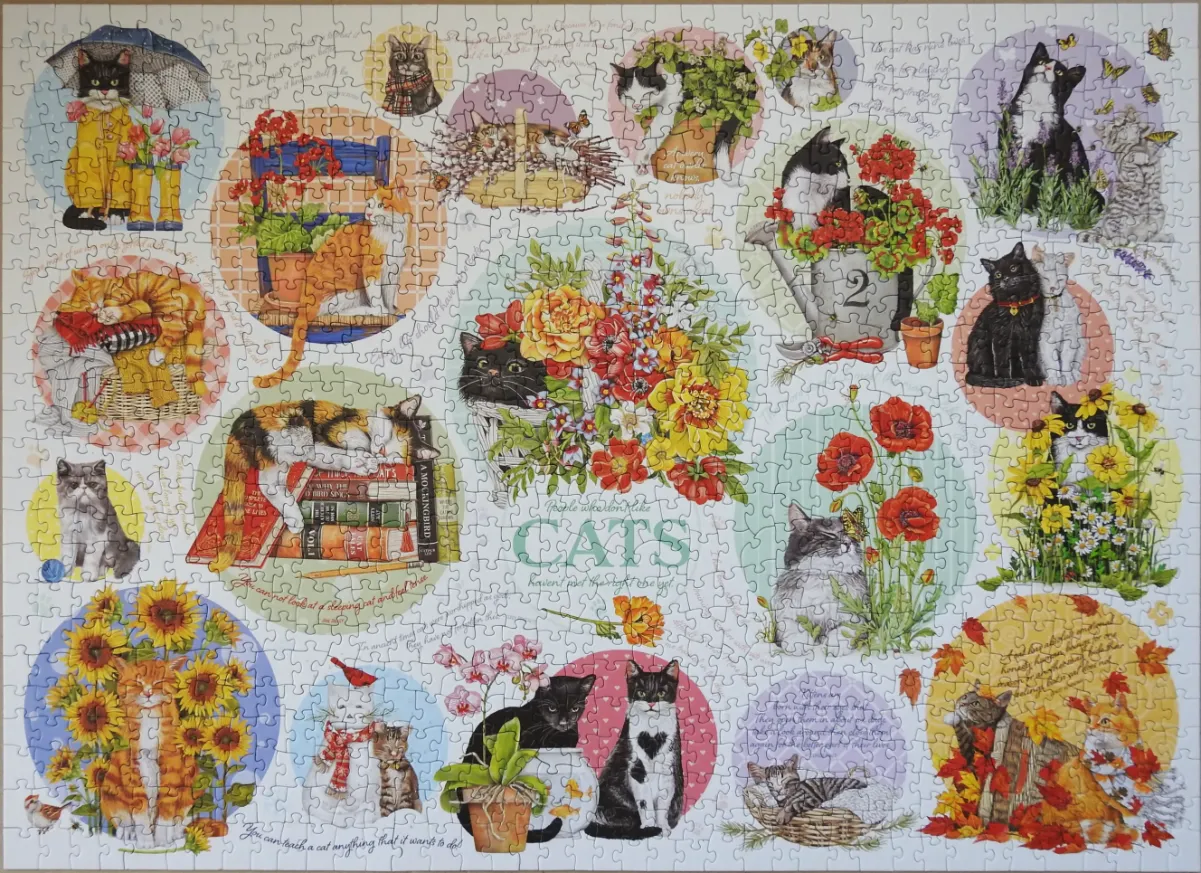 A collage illustration featuring various cats posed with flowers, gardens, and books.