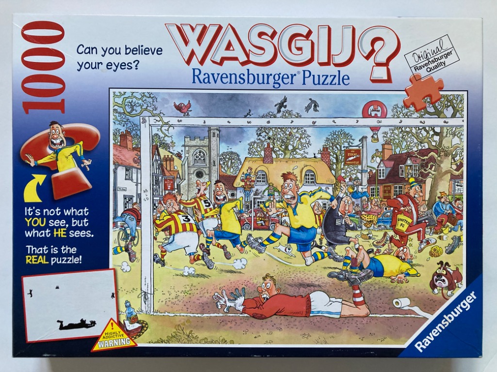 A comedic cartoon illustration of a chaotic football match in a quaint village setting.