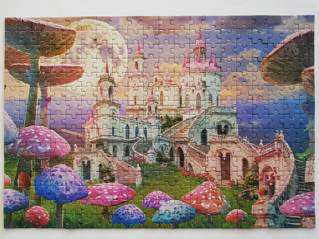 A fantasy castle surrounded by large, colorful mushrooms under a full moon.