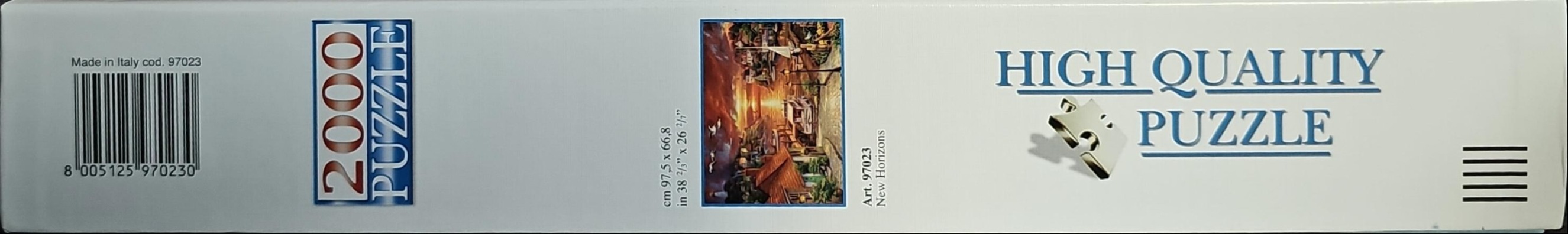A small rectangular painting titled New Horizons depicting a coastal town at sunset.