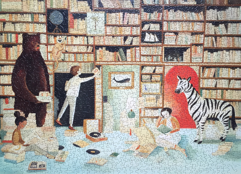 An illustration of a whimsical library filled with books, a bear, a zebra, and people relaxing in a cozy space.