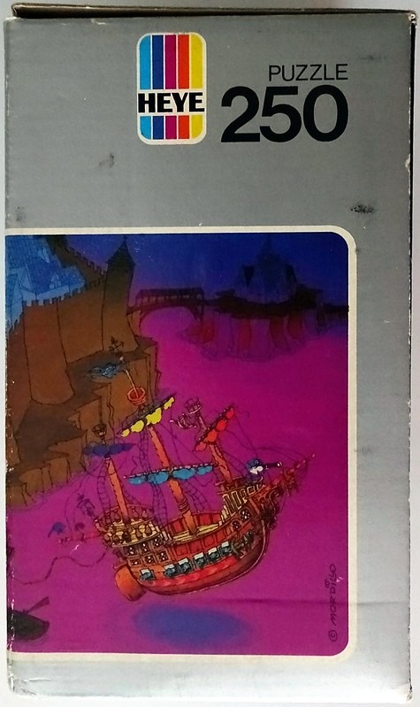 Cartoon illustration of a ship sailing through a vibrant purple sea near a castle at night