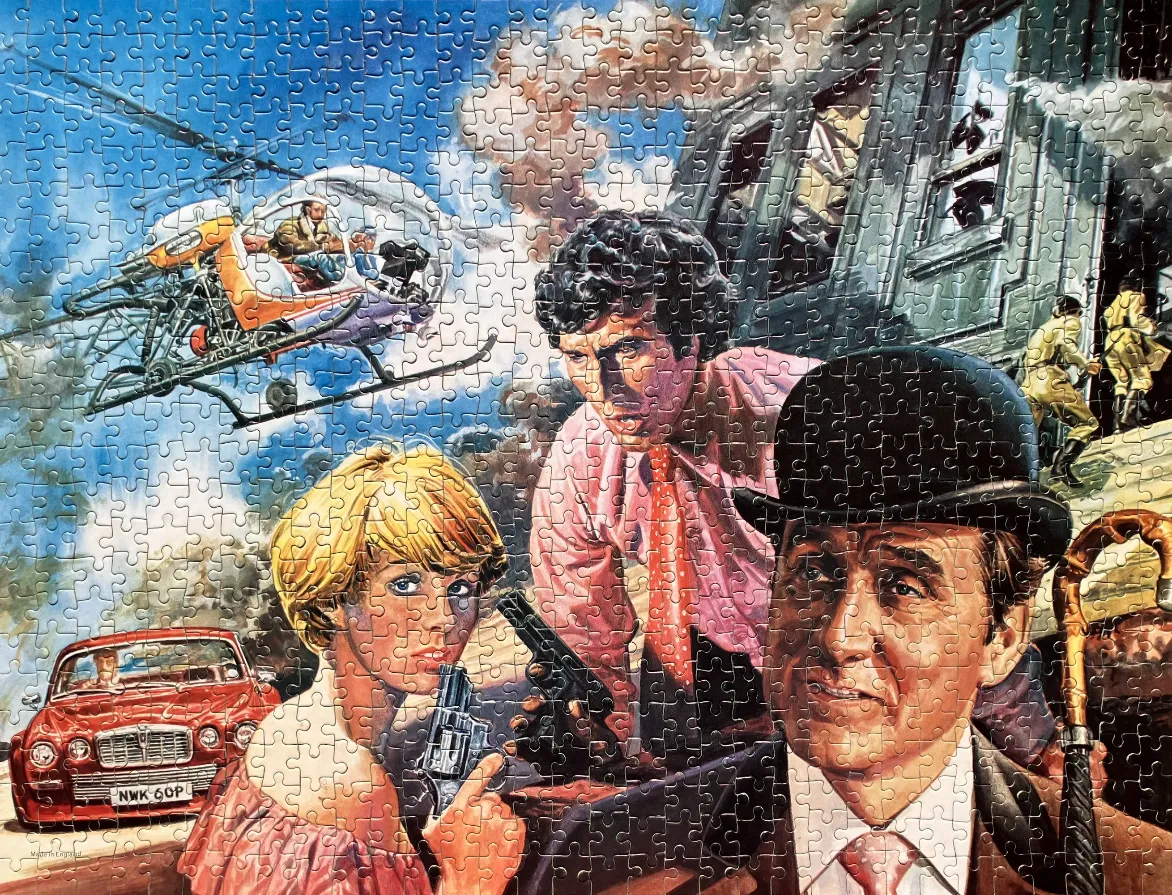 An action illustration featuring a man in a bowler hat, a woman with a revolver, and a helicopter in a chaotic scene.