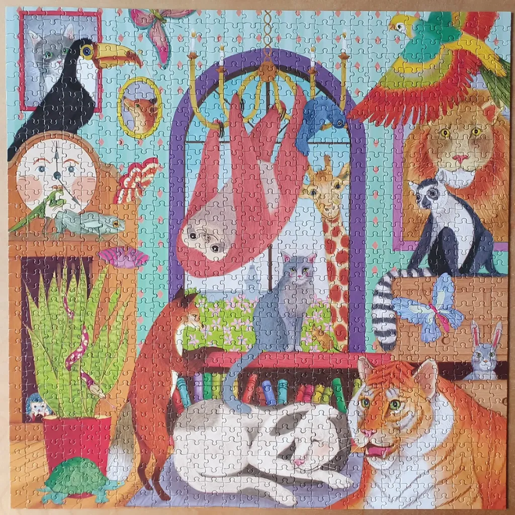 Whimsical illustration of various animals and a cat lounging in a richly decorated, vibrant room.