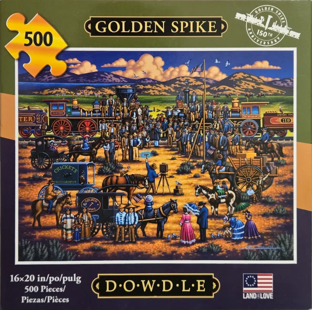 Illustration of the historic Golden Spike ceremony featuring steam locomotives and a crowd of 19th-century people.