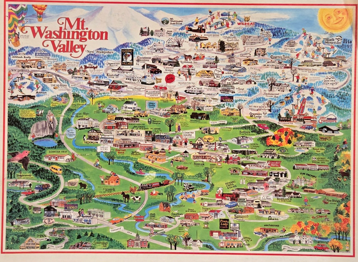 Illustrated pictorial map of Mt. Washington Valley featuring local landmarks, businesses, and seasonal mountain activities.