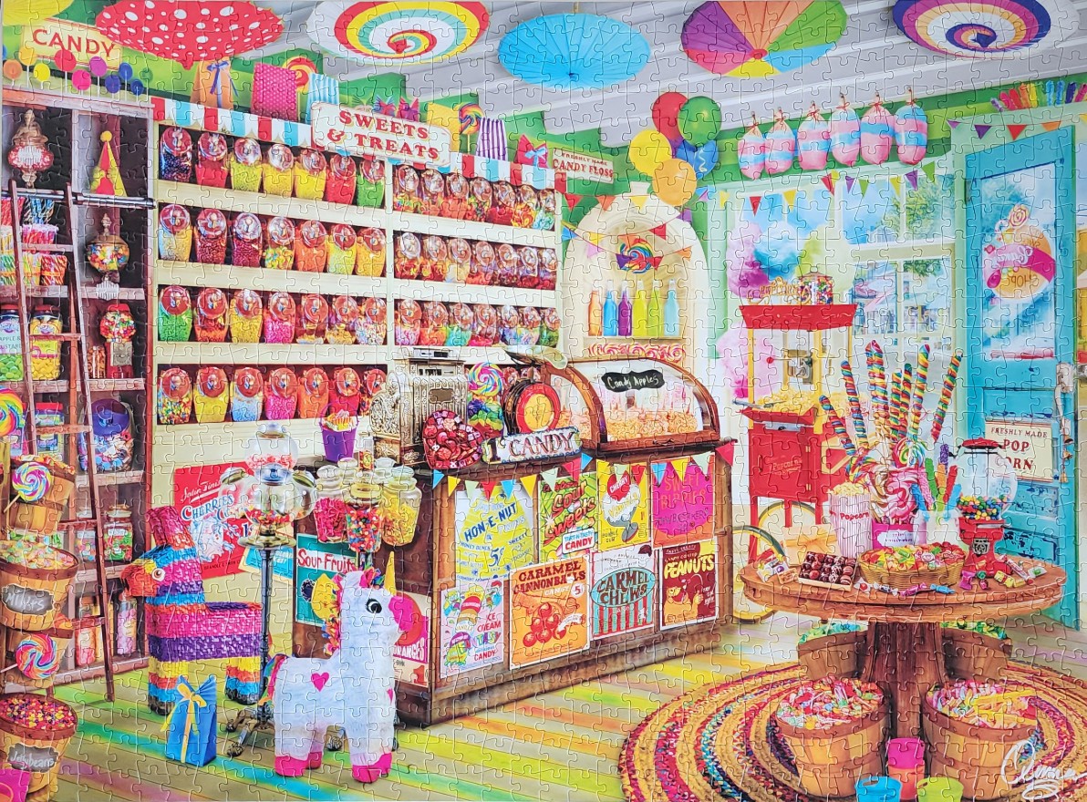 A colorful, detailed illustration of an old-fashioned candy store interior filled with sweets and treats.