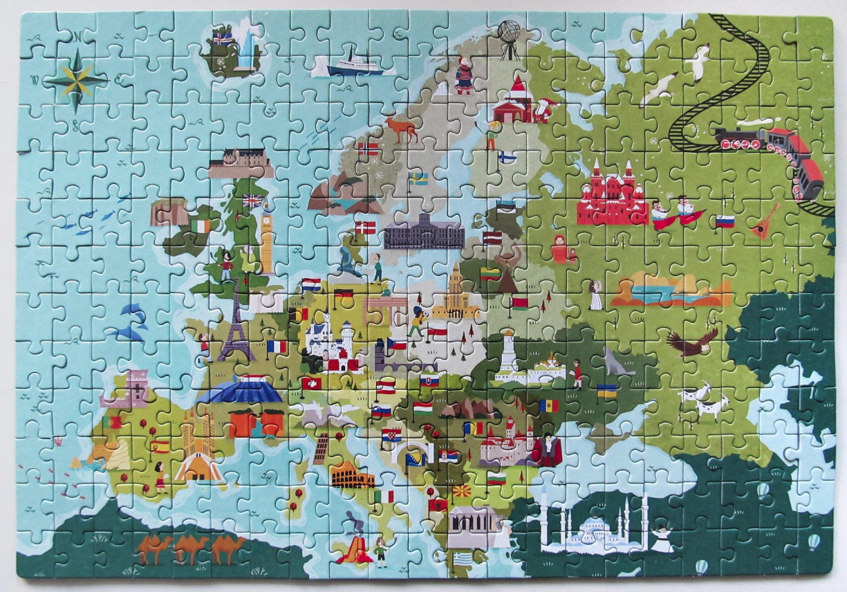 Illustrated whimsical map of Europe featuring cultural landmarks, national flags, and local wildlife.