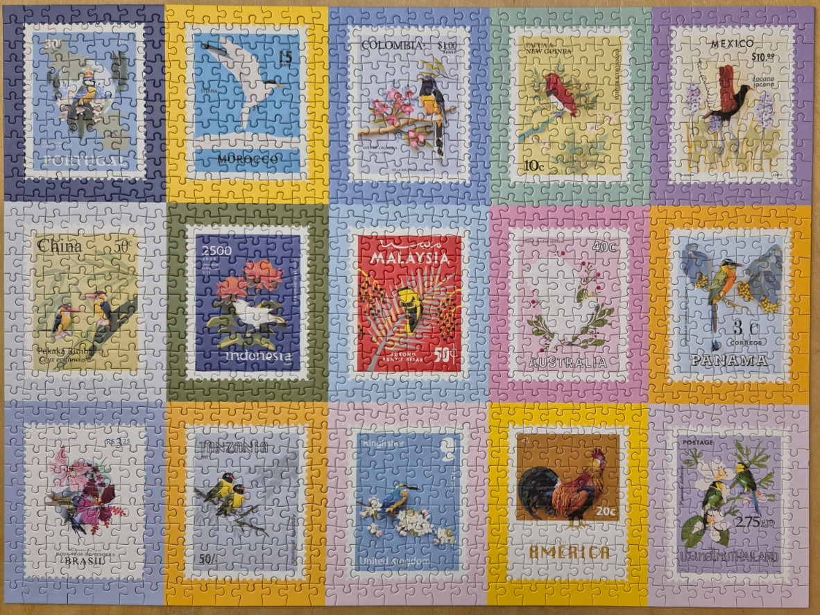 A collage of fifteen vintage-style international postage stamps featuring various birds from different countries.