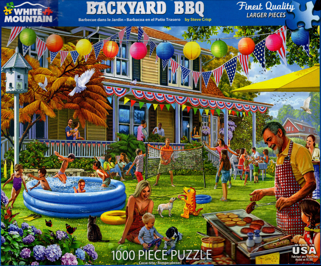 A lively backyard barbecue scene with people, children in a pool, and decorative bunting.